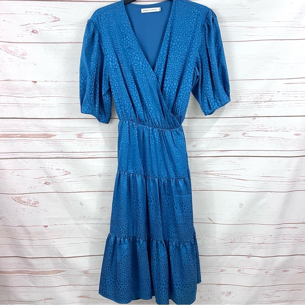Rebecca Minkoff Mary Satin Spotted Animal Jacquard Puff Sleeve Satin Wrap Dress